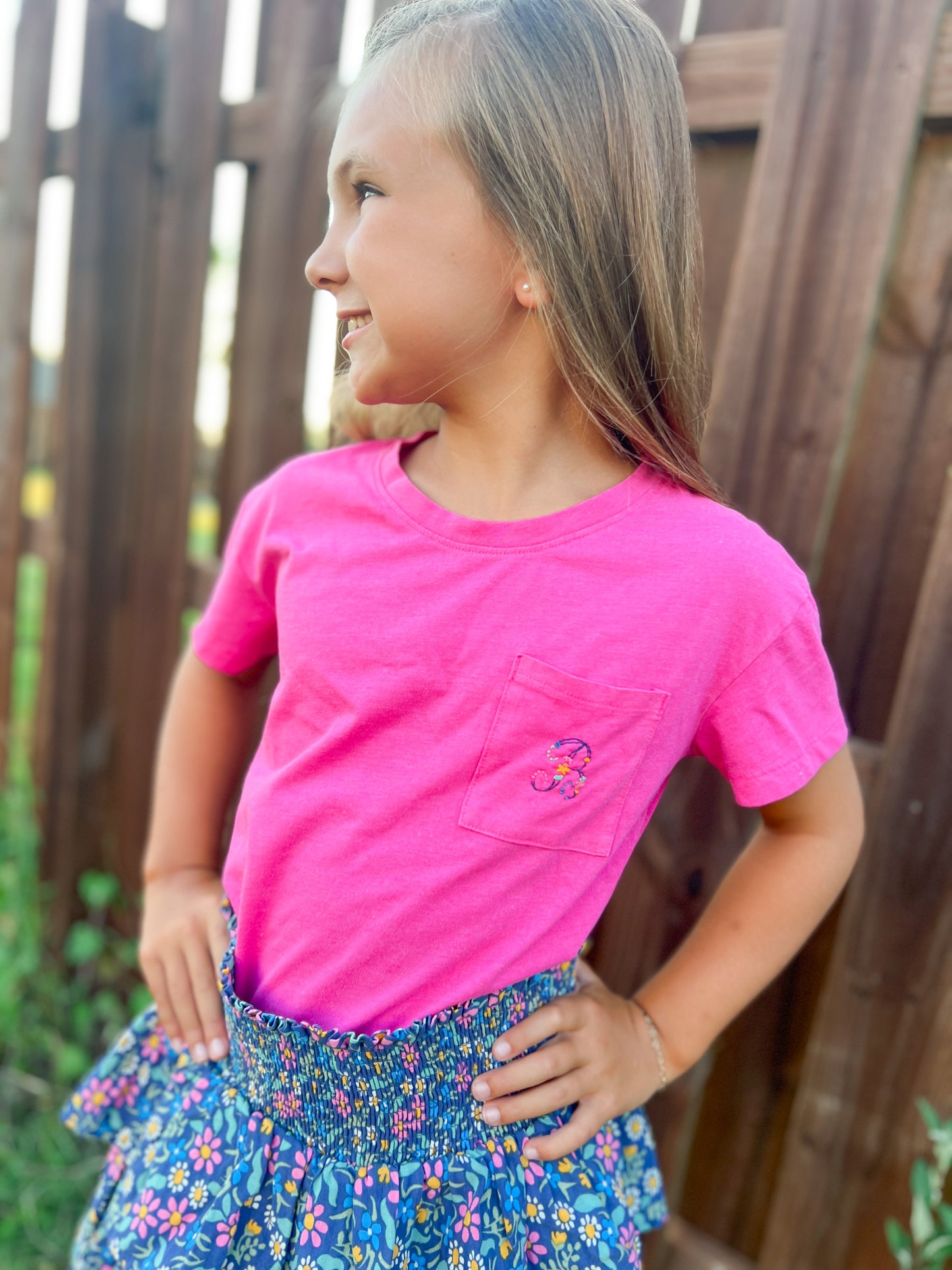 Girls Floral Initial Pocket Tee